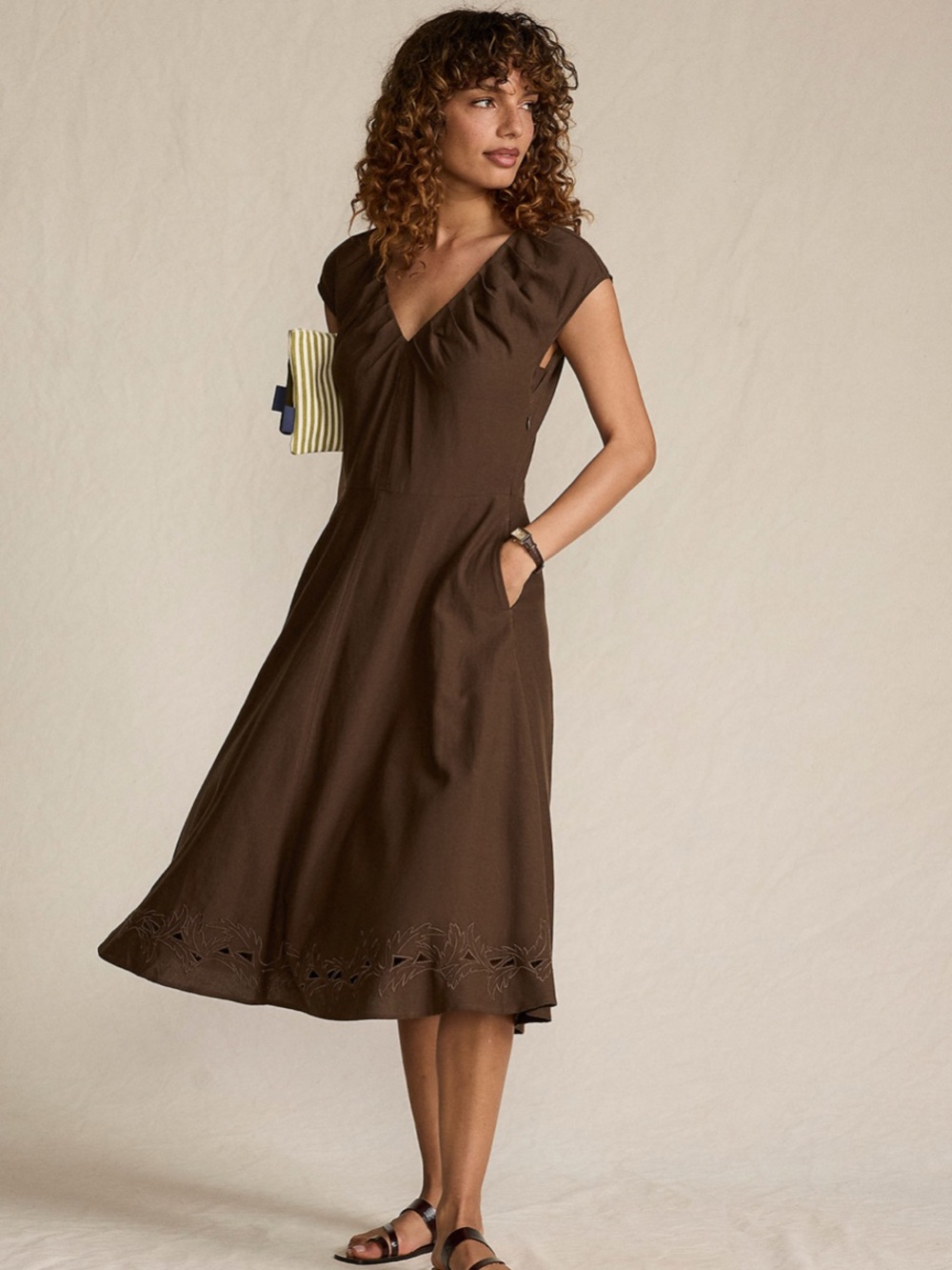 Brown V‑Neck Cap Sleeve Midi Dress